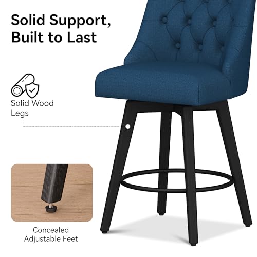 Image of Swivel Counter Height Bar Stools with Back, 26 inch H Seat Height Upholstered Fabric Counter Stools for Kitchen Island, Set of 2, Fabric in Dark Blue