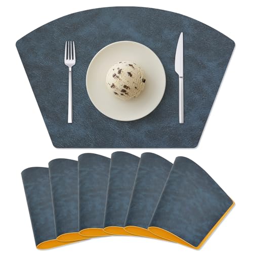 Placemats for Round Table Set of 6, Faux Leather Wedge Shaped Place Mats for Dining Table, Heat Resistant Washable Wipeable Table Mats Reversible, Blue/Yellow
