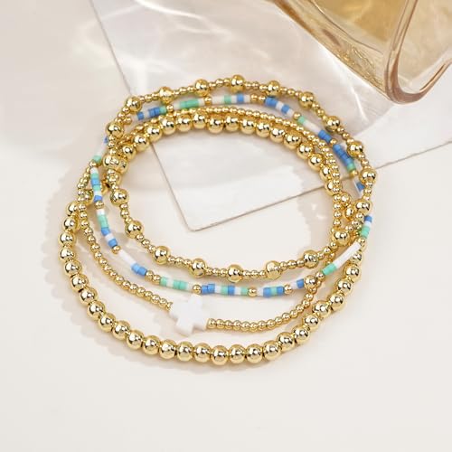 4PCS/Set Cross 14K Gold Ball Beaded Bracelets Stack for Women,Handmade Bohemian Colorful Beads Stretch Stackable Bracelets Fashion Prom Jewelry Gift3