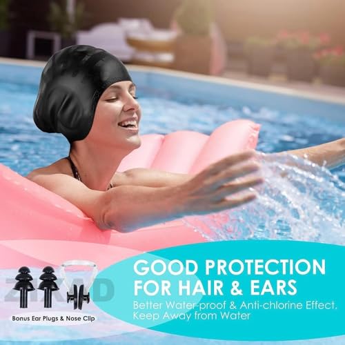 Image of TEKCOOL Designed Long Hair Swim Cap,Waterproof Silicone Swimming Cap for Adult Woman and Men,Keeps Hair Clean with Ear Protector Fresh Long Lasting Silicone Made Waterproof Swimming Cap(Black).