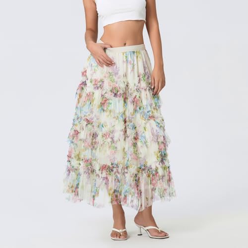 Floral Tulle Maxi Skirts for Women's Summer High Waist Irregular Flowy A-line Flowy Layered Casual Long Skirt4