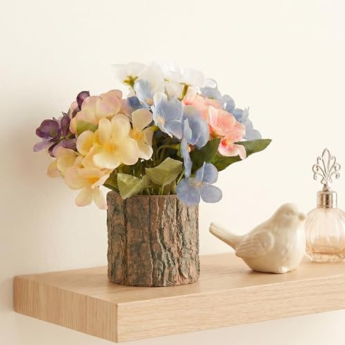 Image of Dekorly Artificial Multicolor Hydrangea Flower with Real Wooden Planter Vase (22CM) | Lifelike Faux Floral Arrangement for Home, Office & Table Decor (Hydrangea Floral)