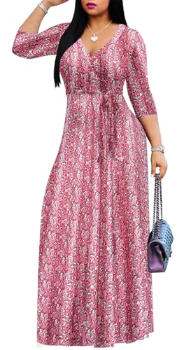 Image of Women's Floral Maxi Dress Summer Casual V-Neck 3 /4 Sleeve Long Bohemian Print Evening Party Dress