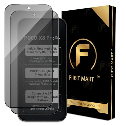 Image of FIRST MART Privacy Tempered Glass for Poco X8 Pro, 2 Pack | Anti-Spy 9H Screen Protector, Edge-to-Edge, Case-Friendly, Scratch Resistant, Bubble-Free