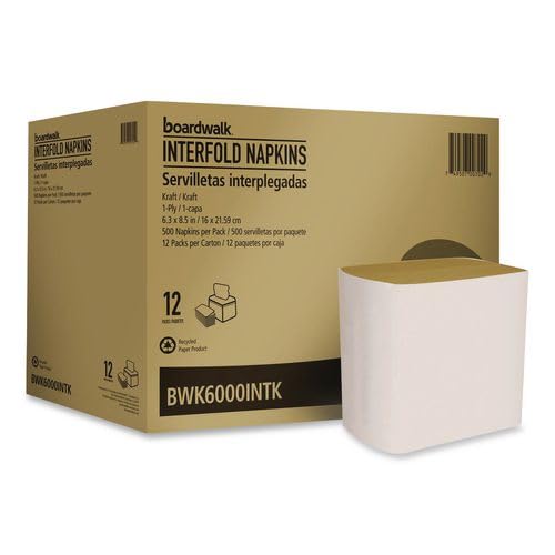 Boardwalk Interfold Napkins 8.8 x 6.3 Kraft Color 6000 Count Dispenser Refill Strong & Absorbent Made in the USA