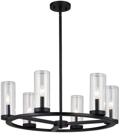 VAXCEL Grantley 6 Light Matte Black Wheel Chandelier Fixture Clear Glass Shade, LED Compatible, Damp Rated