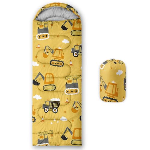 Smell Sunshine Kids Sleeping Bag for Boys Girls,Truck Tractor Excavator Print-Lightweight Warm Portable Outdoor Indoor-Waterproof Cold Weather Resistant Sleeping Bag for Camping Hiking(Excavator)