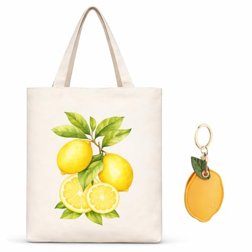 QijAOPD Juego de 2 bolsas de yute con diseño de limones, bolsa de tela, bolsa de la compra para mujer, con llavero de piel de limón, para playa, vacaciones, uso diario, compras, 40 x 35 cm, idea de