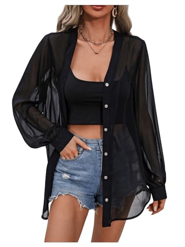 OYOANGLE Women's Sheer Button Front Long Sleeve See Through