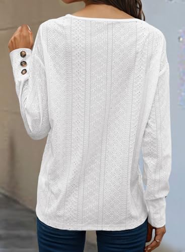 Dokotoo Womens Tops V Dressy Casual Neck Long Sleeve Shirts Buttons Business Casual Hollow Out Lace Embroidered Tops3