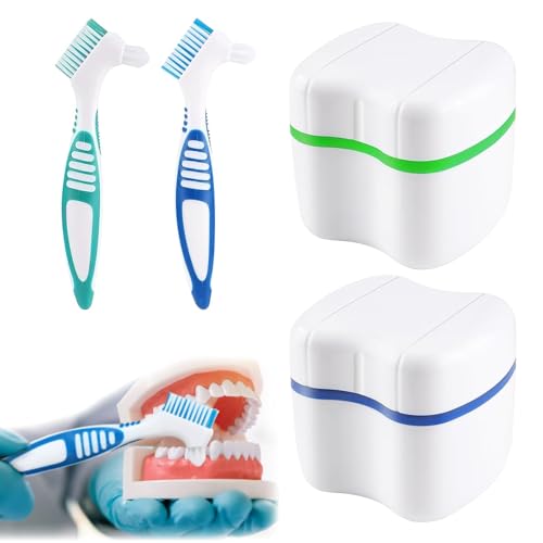 2 Stück Zahnprothesen Box + 2 Prothesenzahnbürste,Prothesendose,Gebissdose,Prothesenbox für Falsche Zähne Lagerung Reinigung (Grün, Blau)