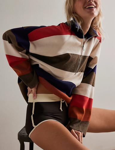 Quarter Zip Striped Oversized Knitted Pullover Sweaters for Women Lightweight Loose Fit Sweater Tops4