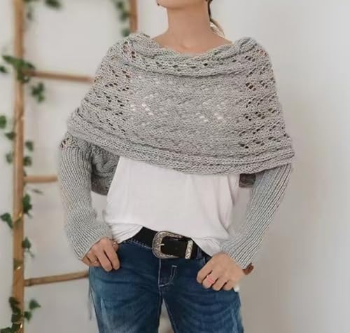 Multifunctional Scarf with Sleeves, Women Knitted Cable Wrap with Sleeves, Crochet Scarf Sweater Wrap (Wine Red, One Size)3