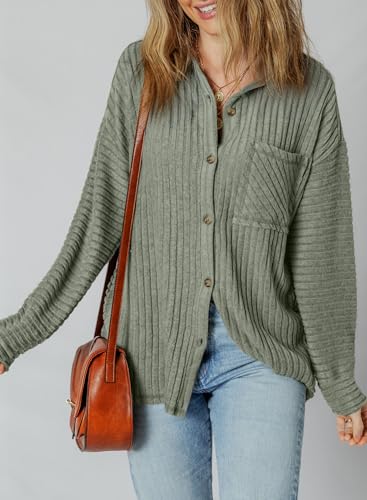 SHEWIN Womens Ribbed Knit Shacket Jacket Casual Long Sleeve Button Down Shirts Loose Sweater Tops Dressy Blouses with Pocket2