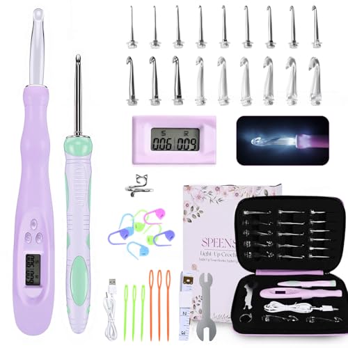 SPEENSUN Light Up Crochet Hook Set with Stitch/Row Counter 18 Replaceable Heads (2mm-14mm) Crochet Hooks Bright/Low Light Modes with Ergonomic Handle 7-9hrs Runtime Gift Box for Crafters