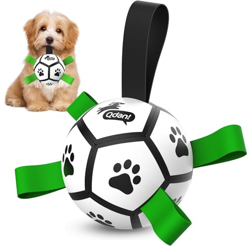 Image of QDAN Small Dog Toys, Outdoor Soccer Ball with Straps, Puppy Birthday Gifts | Interactive Training Soccer Toys for Tug, Dog Water Toy, Durable Puppy Balls for 5-20 lbs Small Dogs, Puppy Birthday Gifts