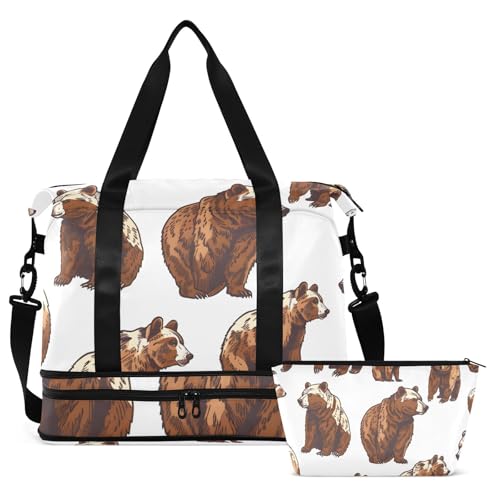 ALAZA Sports Duffel Bags with Toiletry Bag Set,Cute Grizzly Bears Travel Duffel Bags Multi Pockets Weekend Bag