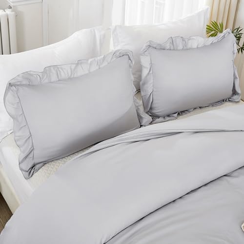 Image of Litanika Light Grey Full Size Comforter Sets, 3 Pieces Ruffle Farmhouse Aesthetic Bedding Comforter Sets, All Season Soft Lightweight Fluffy Microfiber Bed Set(79x90In Comforter, 2 Pillowcases)