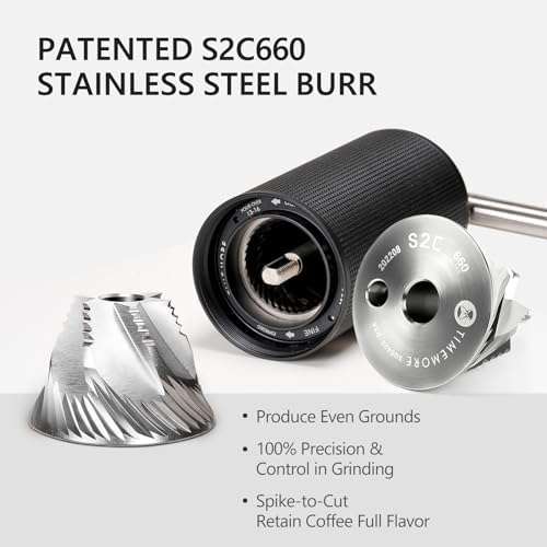 TIMEMORE Chestnut C3S Pro Manual Coffee Grinder, Stainless Steel S2C Conical Burr Coffee Grinder, Hand Coffee Grinder with Foldable Handle, Adjustable Grind Setting for Travel/Camping/Home, Black - 2