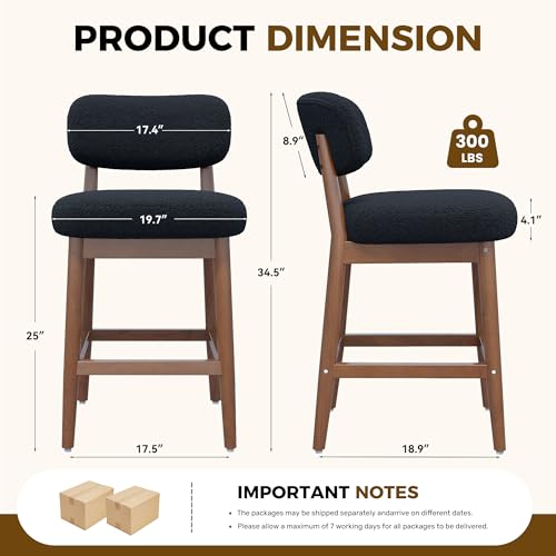 Image of Counter Height Bar Stools Set of 4, Mid-Century Modern Boucle Bar Chairs with Solid Wood Frame, Fluffy Upholstered Stools with Backrest for Kitchen Island, Home Bar, Charcoal Black