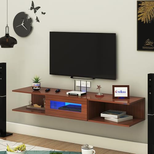 Image of Anikaa Vetra Wall Mount Modern Floating TV Unit for Living Room with Open Shelf Storage Cabinet & Middle Cabinet Blue LED Light (Ideal for 32 to 65 inch TV, DIY Installation, Walnut Finish)