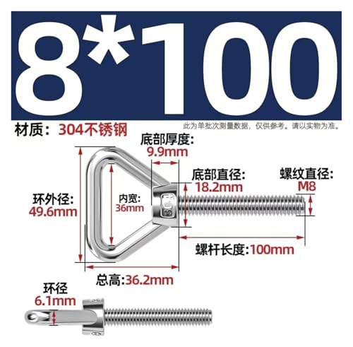 Pernos de ojo M8 de acero inoxidable de elevación triangular en pack de 2 unidades de 45mm 7