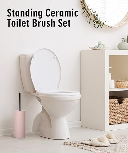 Image of Matt Pink Ceramic Toilet Brush and Holder Set | Freestanding Toilet Bowl Cleaners Brush, Scrubber Brush for Toilet, Bathroom Accessories with Stainless Handle, Deep Cleaning