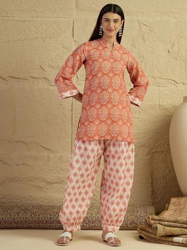 Image of EthnicJunction Women's Linen Floral Print Summer Wear Straight Short Kurti With farshi Salwar Set | Kurta Pant Set | Office wear Kurta Set | farsi salwar suit | raksha bandhan gift dress for women