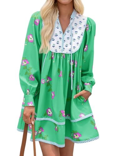 Image of Wenrine Womens Casual Floral Mini Dress Fall Long Sleeve V Neck Patchwork Loose Boho Shirt Dresses