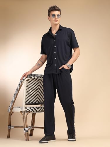 Image of Thomas Scott Men's | Relaxed Fit | Solid | 100% Polyester | Co-Ord Set With Short Sleeves & Spread Collar