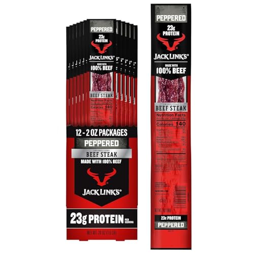 Jack Link's Peppered Beef Jerky Steaks - Ready to Eat Real Meat Protein Snacks - 23g Protein per Serving - Made with 100% Real Beef - (12 Pack) 2 oz Meat Snacks