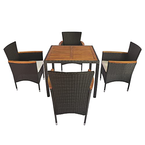 Panana 4 Seater Rattan Dining Set, Garden Table & Stackable Chairs with Acacia Wood Table Top & Cushions, All-Weather Patio Furniture for Conservatory Outdoor - Image 8