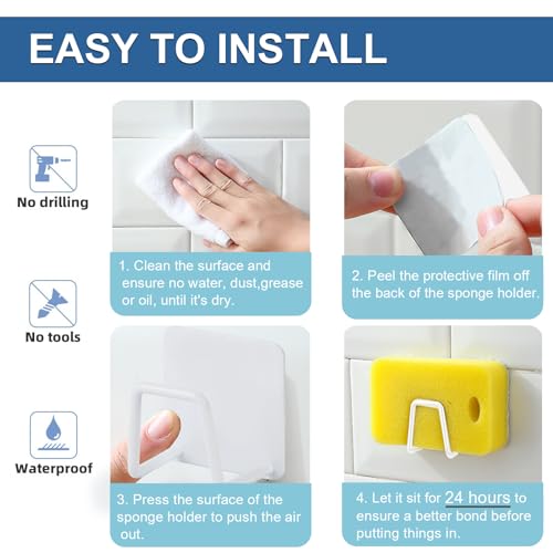 Image of Sponge Holder for Kitchen Sink Caddy, Strong Adhesive Sponge Holder for Sink Counter, Dish Sponge and Brush Holder, Premium SUS304 Stainless Steel Rust Proof Waterproof-White(2 Pack)