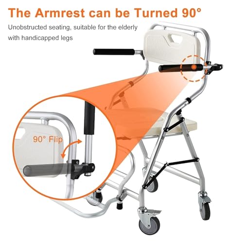 Silla móvil para baño, altura ajustable, aleación de aluminio, silla plegable para personas mayores, silla de ducha, cubeta para inodoro, silla de transporte con frenos en 4 ruedas (360°)(A) miniatura 2