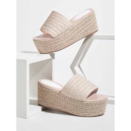 Image of Erocalli Platform Wedge Sandals Espadrille Slide Sandals Slip On High Heel Espadrille Flatform Mules for Women Casual Jute Beach Straw Raffia Sandals