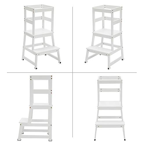 Mangohood Kitchen Helper Step Stool for Kids and Toddlers with Safety Rail Children Standing Tower for Kitchen Counter, Mothers\' Helper Kids Learning Stool, Solid Wood Construction (White)