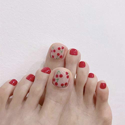 YienDoo False Nail for Toe Chic Exquisite Bridal Cherry Fake Nail for Toes Full Cover Nail Tips Foot Nails 24Pcs