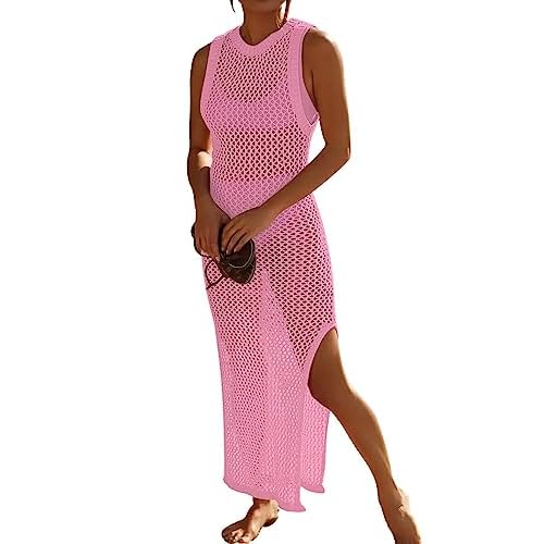 AILUNSNIKA Womens Crochet Swimsuit Cover Up Hollow Out Long Bikini Cover Up Sleeveless Side Split Beach Dress One Size A-pink