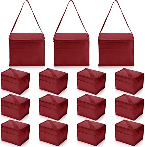 Nuogo 15 Pack Insulated Lunch Bags Bulk, Reusable Cooler Bags, Leakproof Lunch Boxes Set, Waterproof Thermal Cooler Bags, Insulated Beverage Bag for Women Men Office Work Picnic Beach (Wine Red)