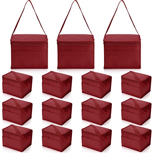 Nuogo 15 Pack Insulated Lunch Bags Bulk, Reusable Cooler Bags, Leakproof Lunch Boxes Set, Waterproof Thermal Cooler Bags, Insulated Beverage Bag For Women Men Office Work Picnic Beach (Wine Red) #TOP2