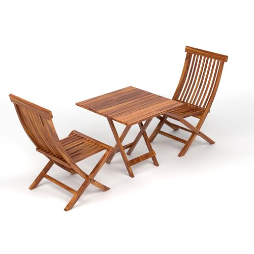 Image of Wooden Foldable Patio Table Set with 2 Chairs | Outdoor Garden Coffee Table with 2 Chairs for Balcony, Lawn, Poolside | Solid Sheesham Wood Seating for Backyard (Honey Finish)
