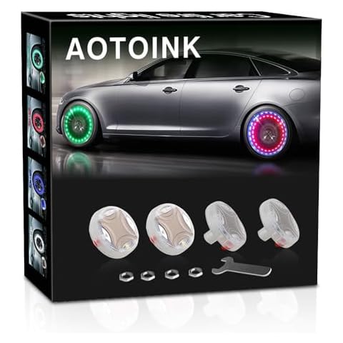 AOTOINK Car Wheel Tire Lights, 4Pcs Solar LED Car Wheel Nozzle Air Valve Cap Light with Motion Sensors Flash Colorful RGB Warning Decorative Neon LED for Cars Motorcycles Bicycles Cover