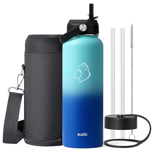 BUZIO 1180ml Insulated Water Bottle with Straw Lid and Flex Cap, Stainless Steel Powder-Coat Water Flask, Keep Beverage Cold for 48 Hrs Hot for 24 Hrs Simple Thermo Canteen Mug, Pacific Dream
