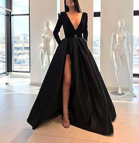 Yuxin Women's V-Neck Velvet Satin Prom Evening Dresses Slit Long Sleeve Formal Gowns with Pockets4