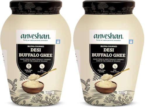Image of Anveshan A2 Desi Buffalo Ghee 1L | Glass Jar | Bilona Ghee | Grass Fed Buffaloes | Jaffrabadi Buffalo | Gujarat Region | Pure & Natural | Nutritional Powerhouse | Lab-Tested (1L) (Pack of 2)