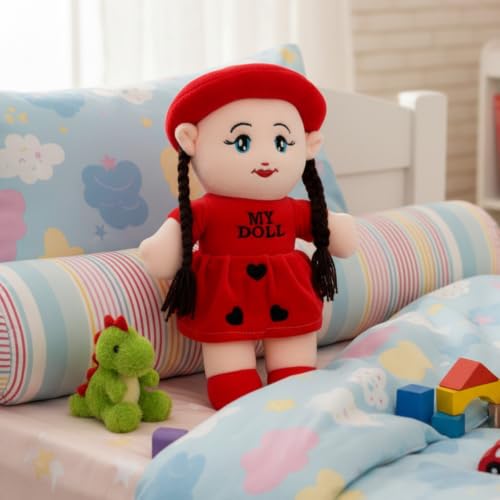 Image of ALVERO Cute Plush Doll for Girls, Soft & Cuddly Doll with Braided Hair, Hat & Heart-Detail Dress, Pretend Play Toy, Storytelling Companion & Birthday, Valentine & Return Gift (Red)