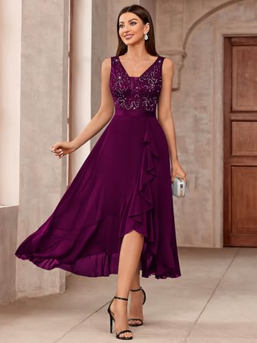 Image of Miusol Women's Vintage V-Neck Sleeveless Sequined Floral Lace Ruffle Split Evening Party Dress | Deep V-neck, sleeveless, sequin lace, ruffle design dress, suit for cocktail party, wedding and banquet