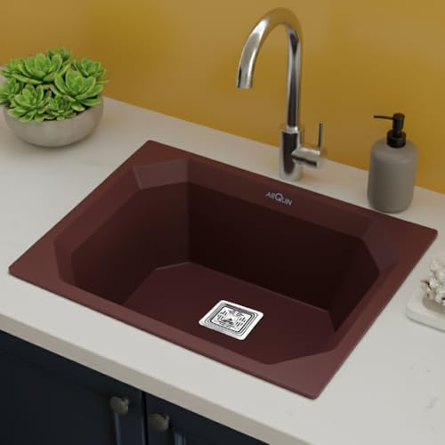 Image of ARQUIN Quartz Kitchen Sink 24x18x9 Inch Brown Diamond | Single Bowl Sink | Durable & Scratch-Resistant | Undermount /Topmount Including Coupling, Waste Pipe & Fruit Washing Basket