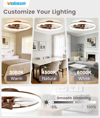 Image of VOLISUN Low Profile Ceiling Fans with Lights and Remote, 24in Fandelier Ceiling Fan Flush Mount, 3000K-6500K Smart Bladeless LED Fan Light, Farmhouse Ceiling Fans with Lights for Bedroom(Wood)