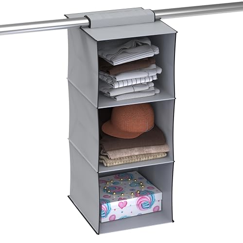 Image of MY ARMOR Hanging Shelf Cloth Storage Organizer, Universal Fit Hanging Closet Organizer for Wardrobe, 10 x 12 x 35 Inches (Grey, 3 Tier Shelf, Pack of 1)